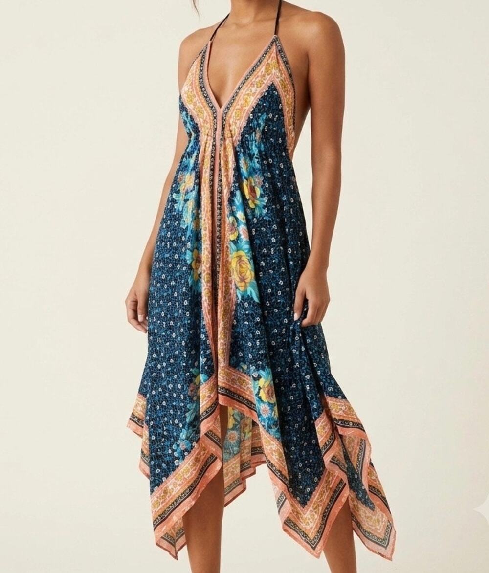 Flying Tomato Maxi Dress Large L Rayon Boho Floral Halter Backless Handkerchief